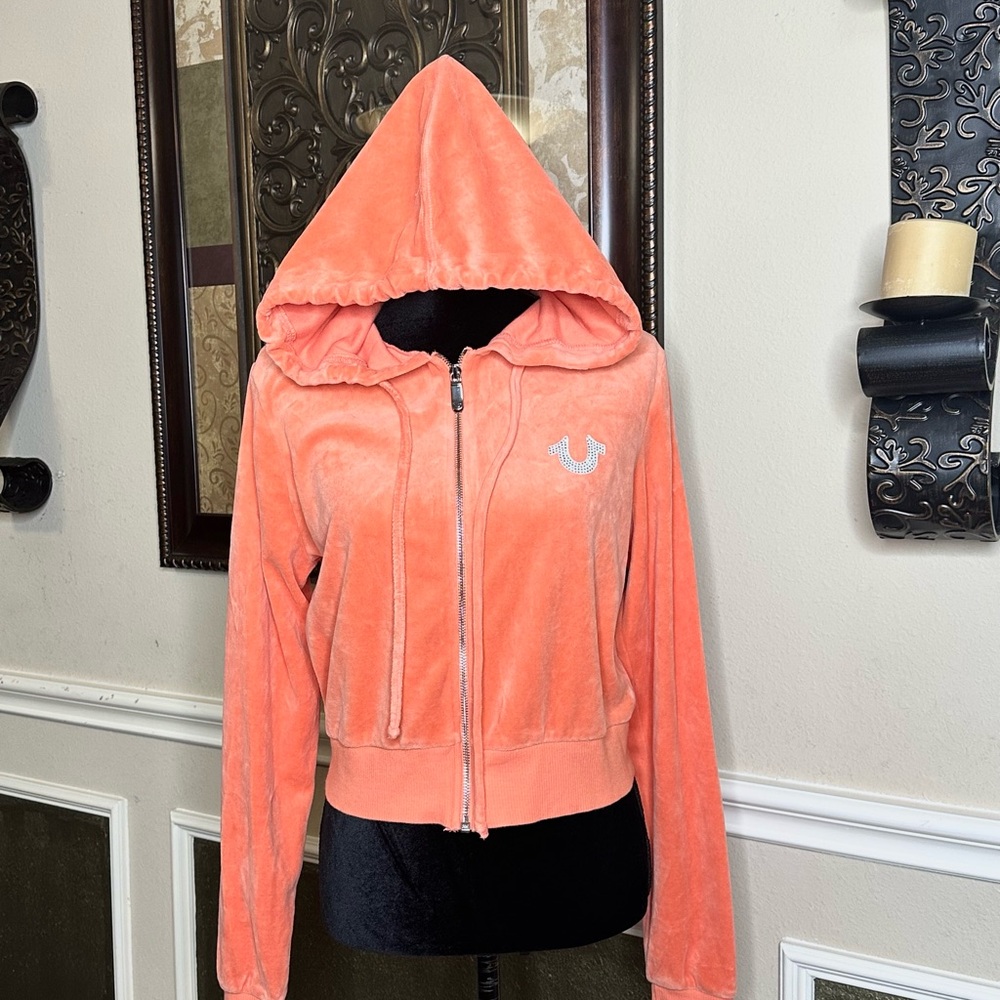 True Religion Coral Velour Zip-Up Hoodie – Size L – Like New